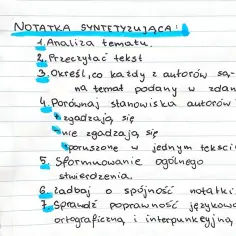 Notatka syntetyzująca przykład: analiza tematu, czytanie tekstu, porównanie stanowisk autorów, formułowanie wniosków, dbanie o spójność i poprawność językową.