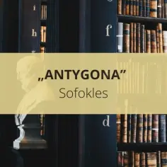 Antygona Sofoklesa – najważniejsze informacje o tej klasycznej tragedii. Tło to biblioteka z rzeźbami i starymi księgami.