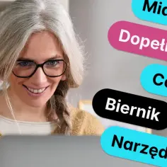 Kobieta z siwymi włosami i okularami pokazuje trzy palce, obok napisy: Mianownik, Dopełniacz, Celownik, Biernik, Narzędnik – pytania, na jakie odpowiada rzeczownik.