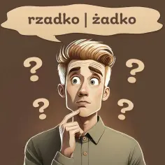 Zastanawiający się mężczyzna otoczony znakami zapytania, myślący, czy coś dzieje się rzadko, czy żadko.