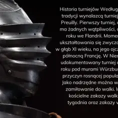 Zbroja rycerza, symbol idealnego rycerza, lśni w blasku. Tekst obok opowiada o historii turniejów.