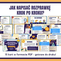 Zestaw 15 kart PDF "Jak napisać rozprawkę krok po kroku?". Dowiedz się, jak postawić tezę w rozprawce i uniknąć błędów.