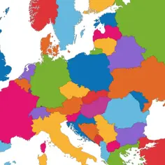 Kolorowa mapa Europy z zaznaczonymi granicami krajów. Różne kraje mają różne kolory, tworząc mozaikę.