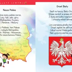 Wiersz "Orzeł Biały" z okazji 11 listopada. Na mapie Polski dzieci poznają regiony kraju, a obok biały orzeł strzeże ojczyzny.