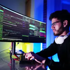 Młody informatyk w okularach pracuje przy komputerze. Zastanawiasz się, ile zarabia informatyk po studiach? Ten obrazek pokazuje jego skupienie na kodzie.