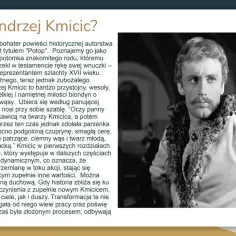 Portret Andrzeja Kmicica, bohatera "Potopu", z wąsami i w stroju szlachcica z XVII wieku. Jego burzliwe dzieje to przemiana duchowa.