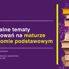 Archiwalne tematy wypracowań na maturze podstawowej. Stos książek symbolizuje wiedzę potrzebną do przygotowania się.