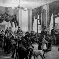 Ludzie w eleganckich strojach czekają w salonie. Obowiązki jednostki wobec zbiorowości, jak opieka nad psem, są widoczne.