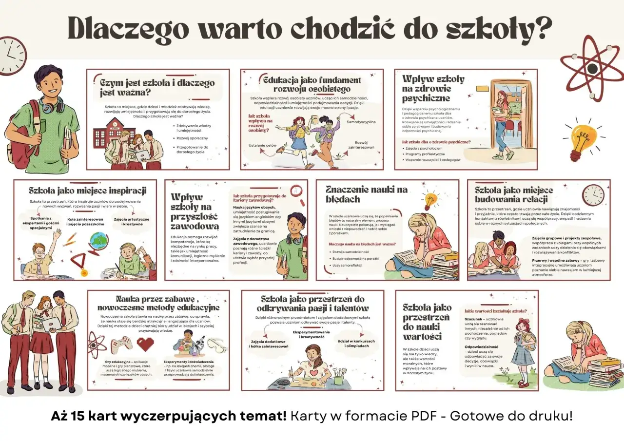 Gazetka szkolna pomysły: szkoła to inspiracja, rozwój, przyszłość i budowanie relacji. Ilustracje pokazują uczniów i różne aspekty nauki.