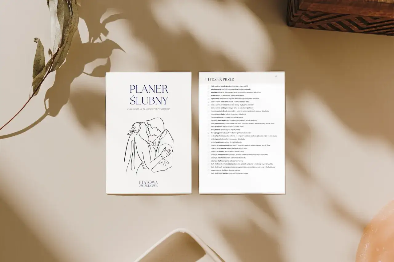 Planer ślubny z listą zadań na 12 miesięcy. Wesele najważniejsze informacje, checklisty i potwierdzenia.
