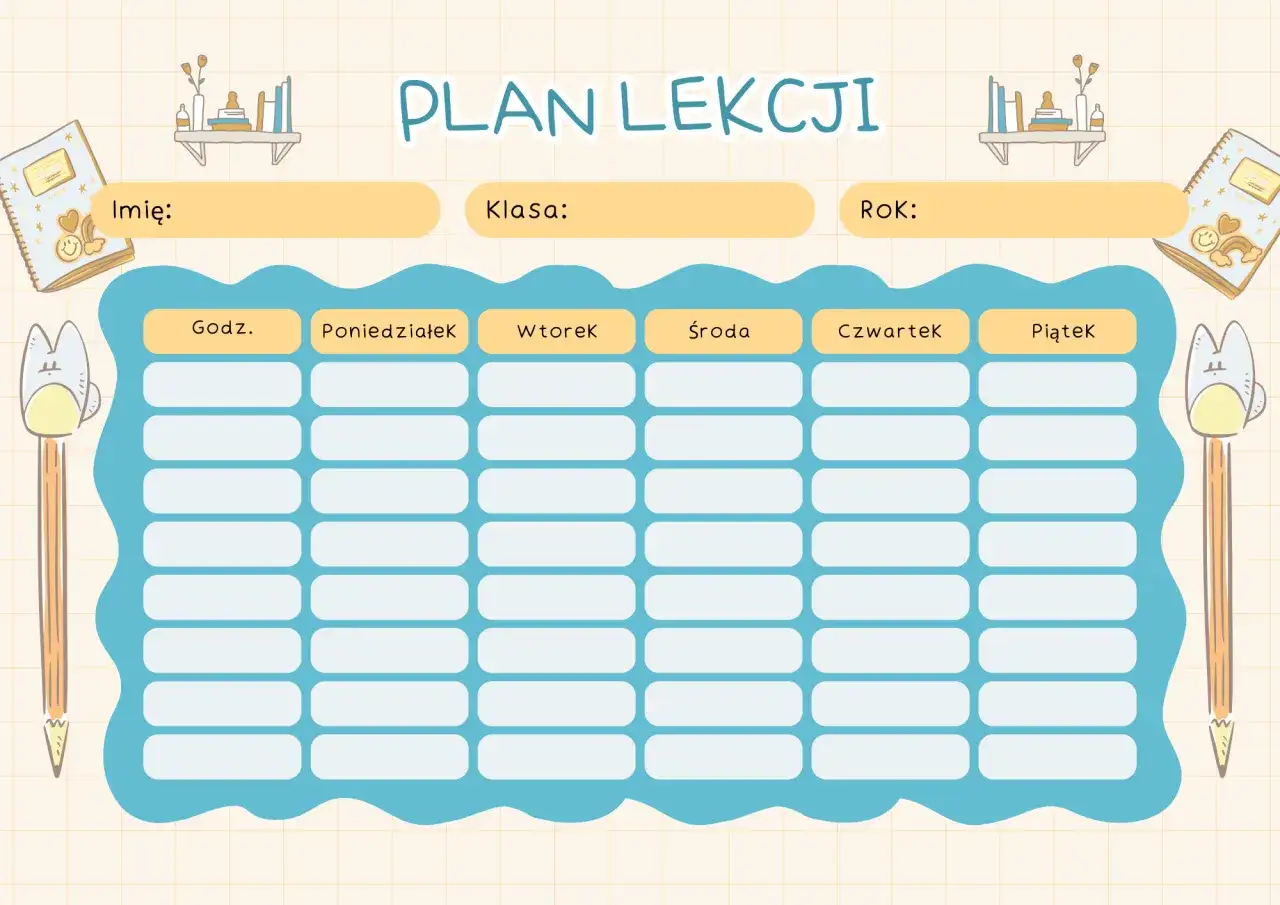 Uroczy plan lekcji dla 3 klasy liceum. Pusta tabela z polami na wpisanie przedmiotów, dni tygodnia i godzin.