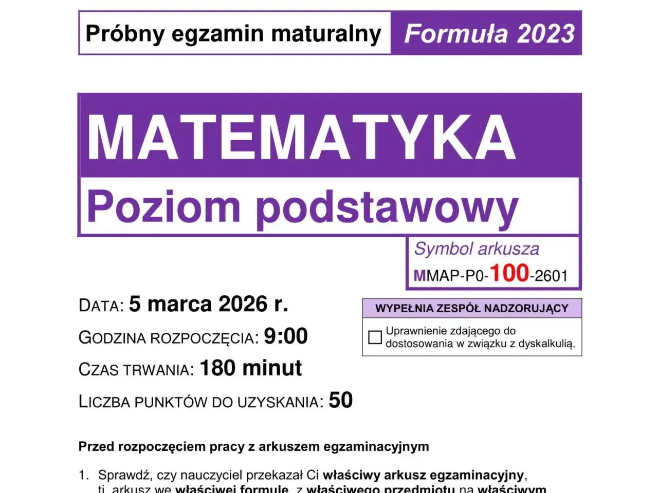 Próbny egzamin maturalny z matematyki, poziom podstawowy. Data: 5 marca 2026, 180 minut. Obowiązkowa matura z matematyki zbliża się wielkimi krokami.