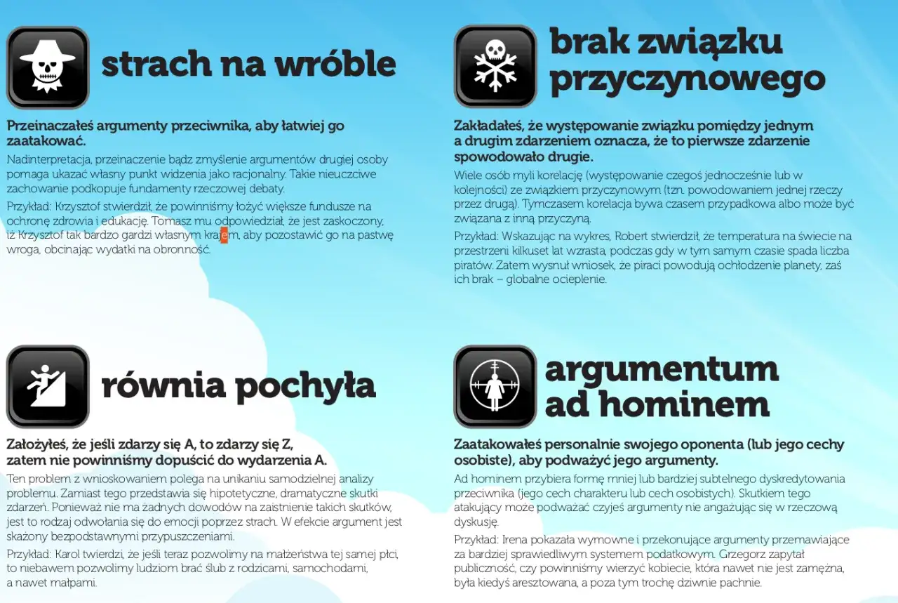 Jak konstruować silne argumenty? Poznaj błędy: strach na wróble, brak związku przyczynowego, równia pochyła, argumentum ad hominem.