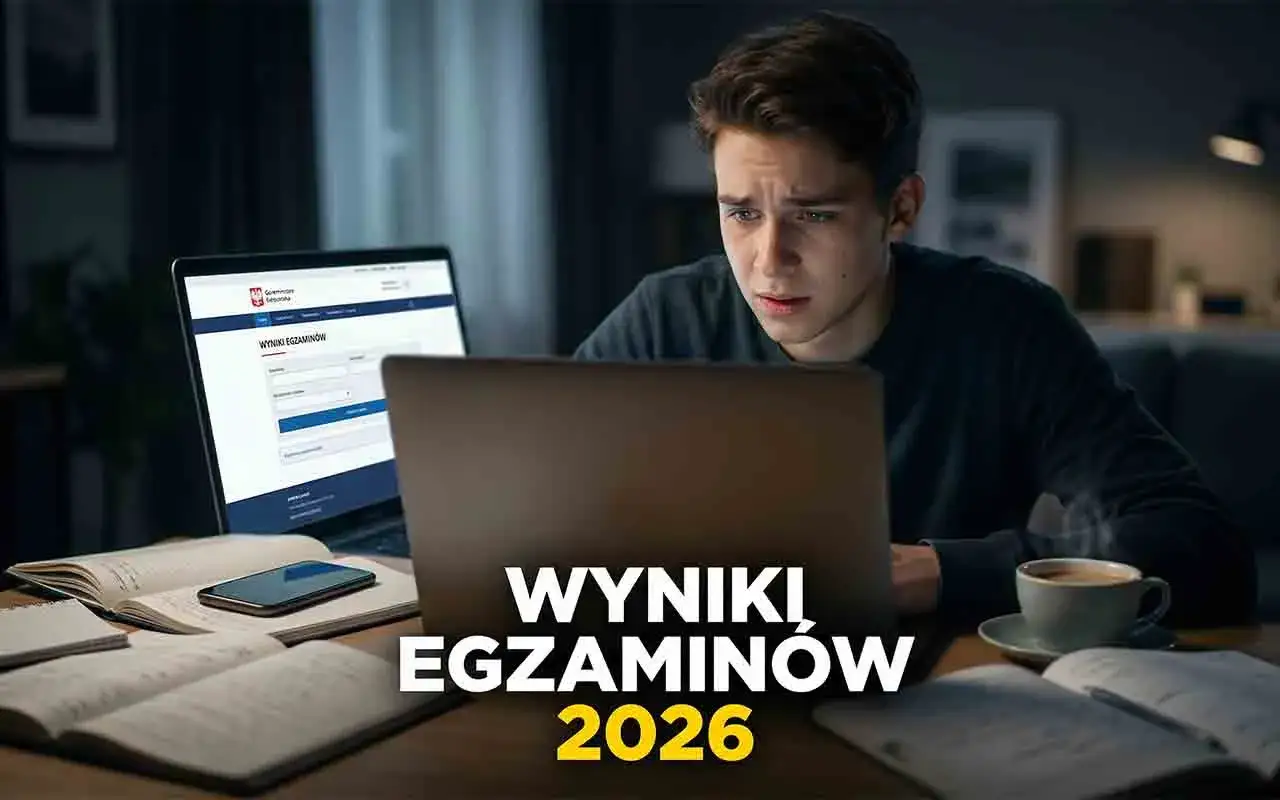Młody człowiek z napięciem czeka na wyniki egzaminów zawodowych 2026, przeglądając je na laptopie.