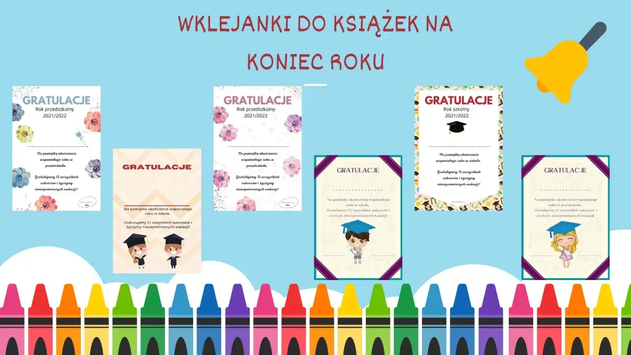 Wzory naklejek z gratulacjami na zakończenie roku szkolnego i przedszkolnego.