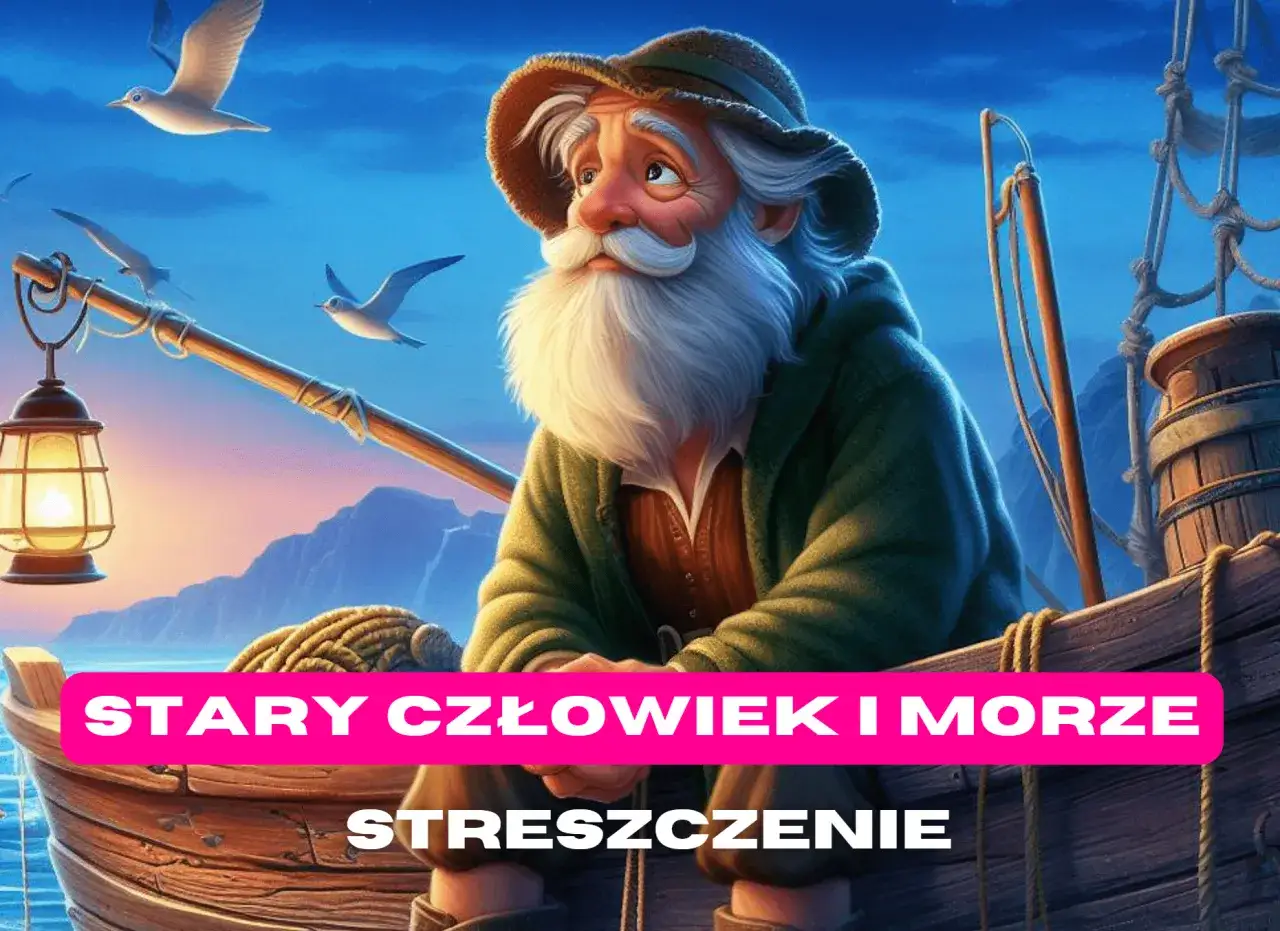 Stary rybak na łodzi, w tle mewy i góry. Stary człowiek i morze streszczenie.