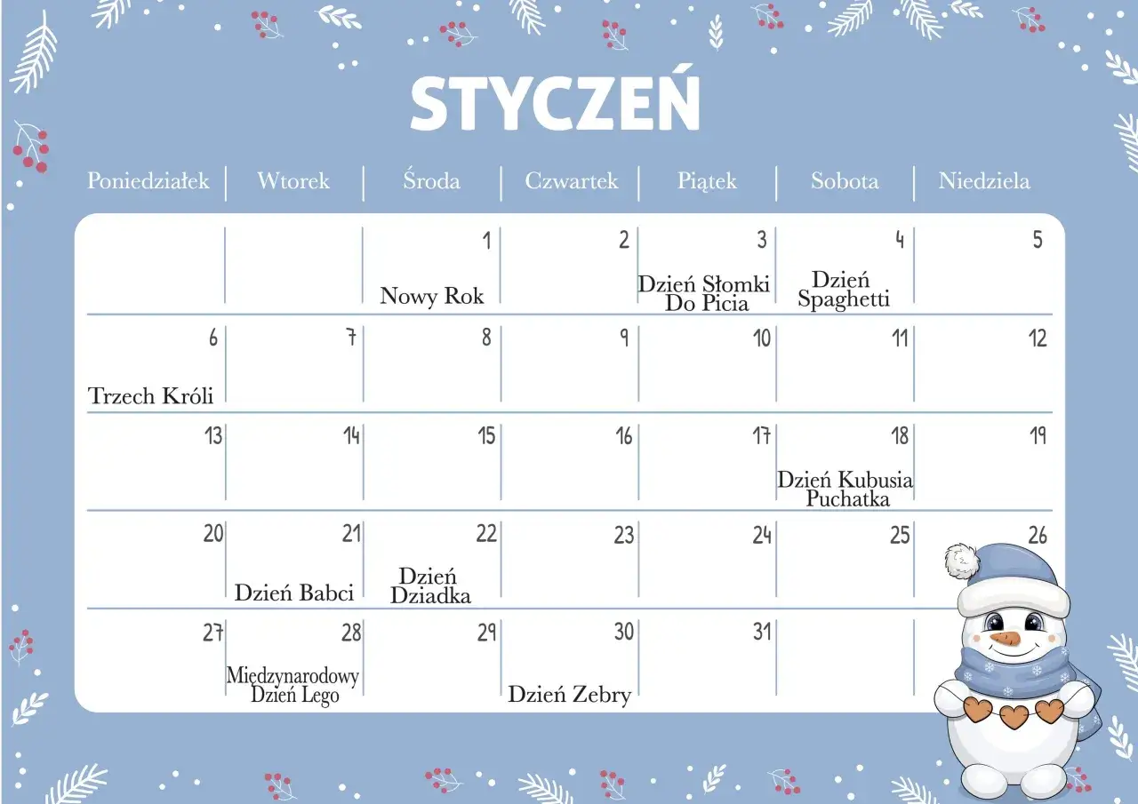 Styczeń pełen atrakcji! Kalendarz z dniami tematycznymi w szkole: Nowy Rok, Trzech Króli, Dzień Kubusia Puchatka, Dzień Babci i Dziadka, Międzynarodowy Dzień Lego.