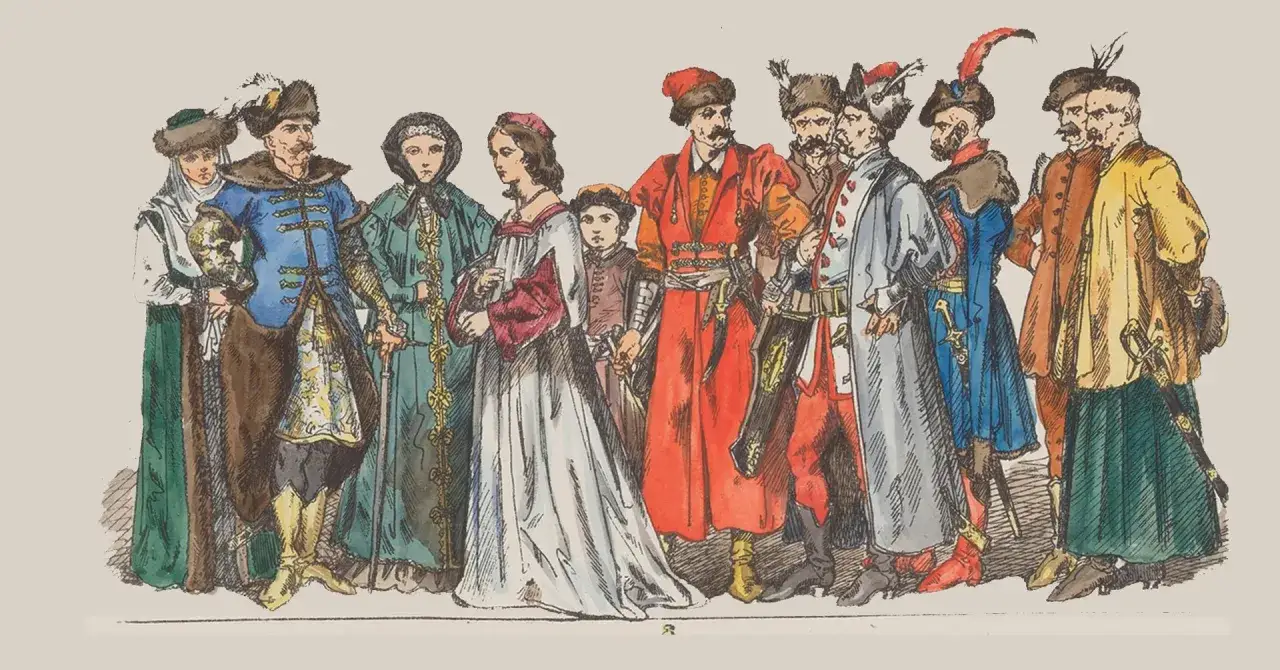 Barwna ilustracja przedstawia grupę postaci w strojach szlacheckich, ukazując zwyczaj i obyczaje szlacheckie w kulturze polskiej.